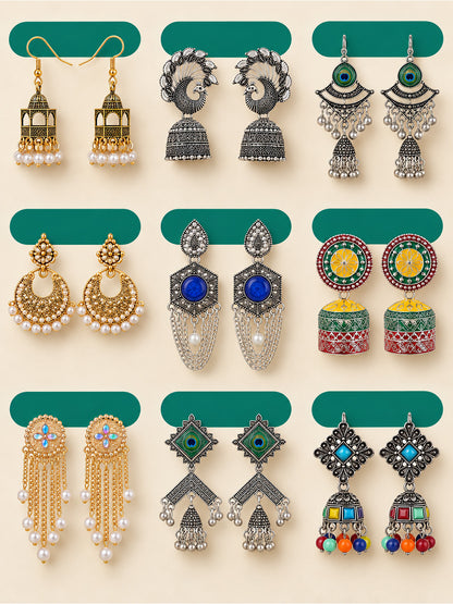 Set of 9 Jhumka Earrings for Women