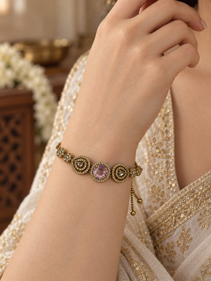 South Indian Gold Plated Pink AD Adjustable Bracelet for Women