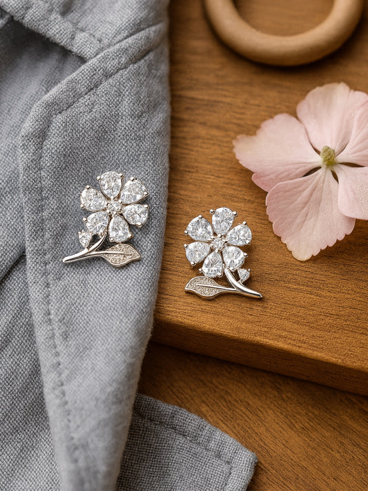 Silver Plated AD Floral Stud Earrings for Women