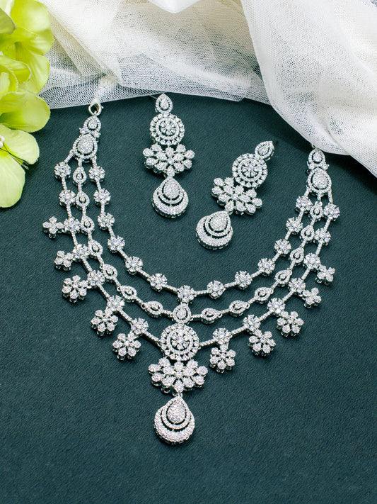 Silver Plated 3 Layer Cocktail AD Designer Jewellery Set