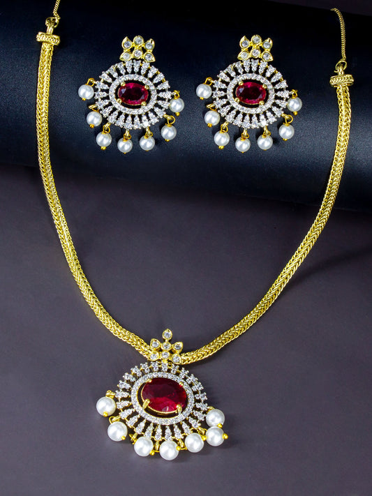 Gold Plated Ruby AD Faux Pearl Jewellery Set