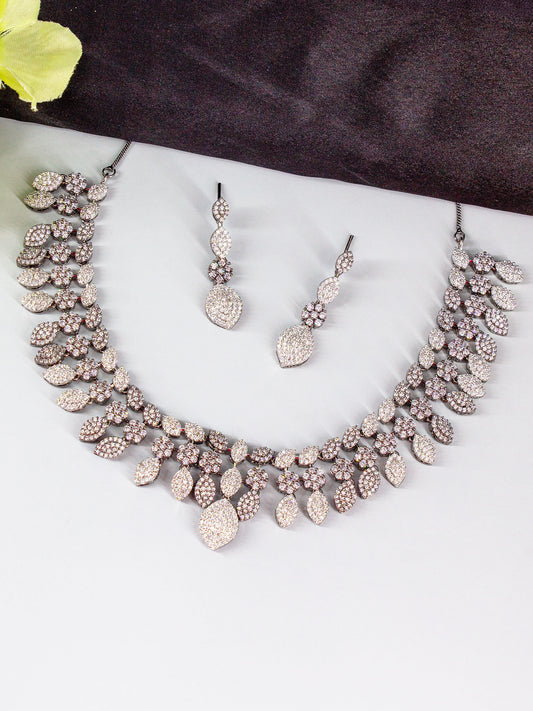 Silver Plated Black AD Floral Designer Jewellery Set