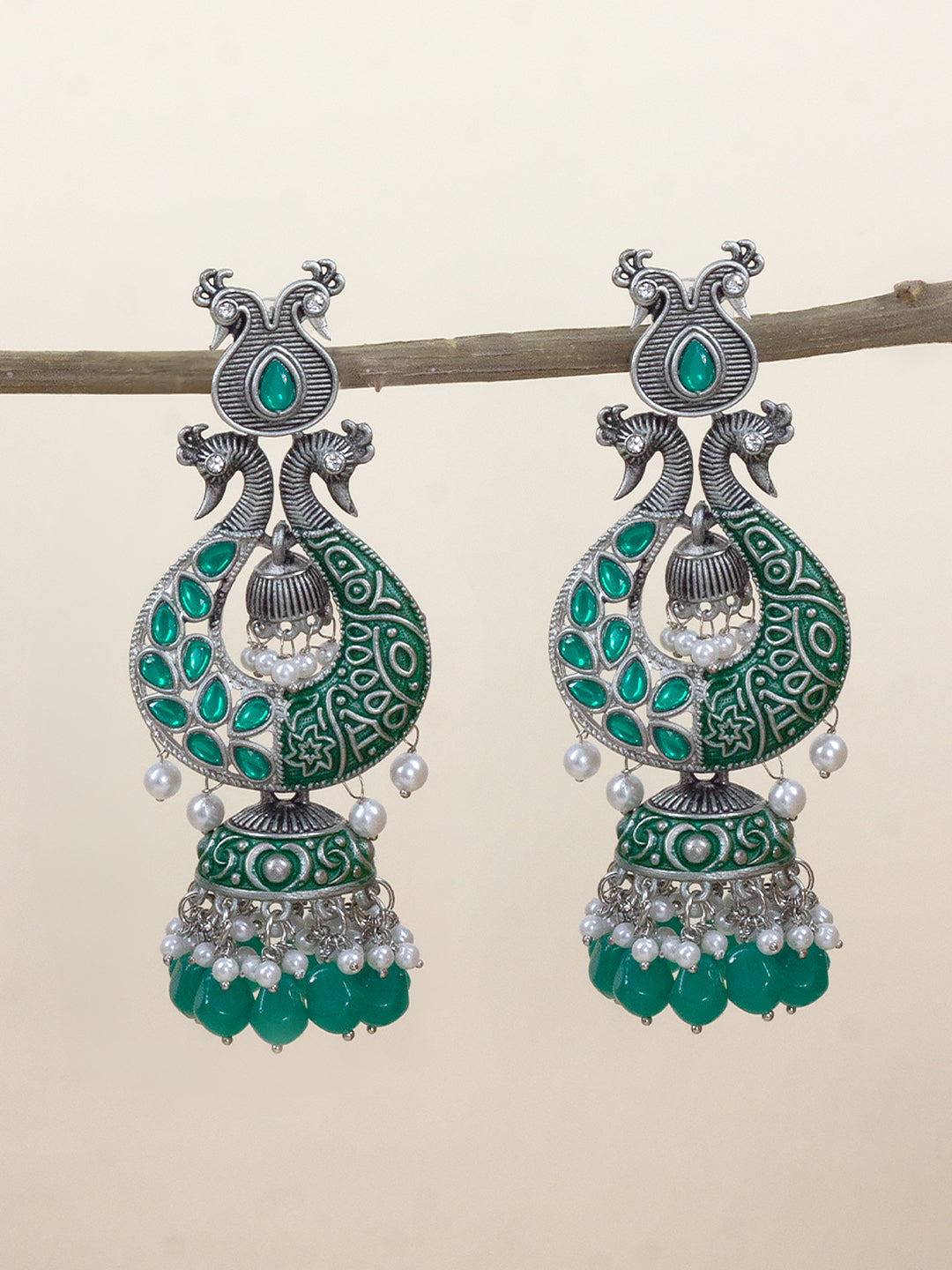Green Peacock Jhumka Earrings