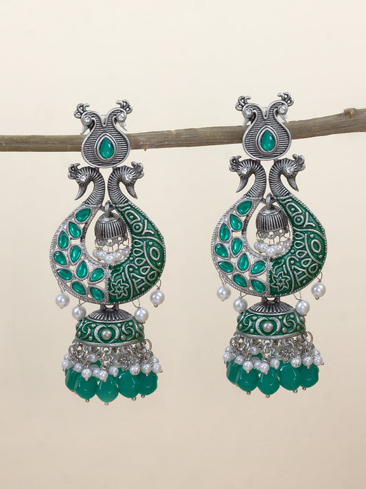 Green Peacock Jhumka Earrings