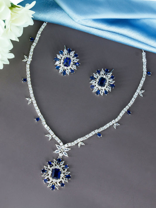 Silver Plated Blue Floral AD Jewellery Set