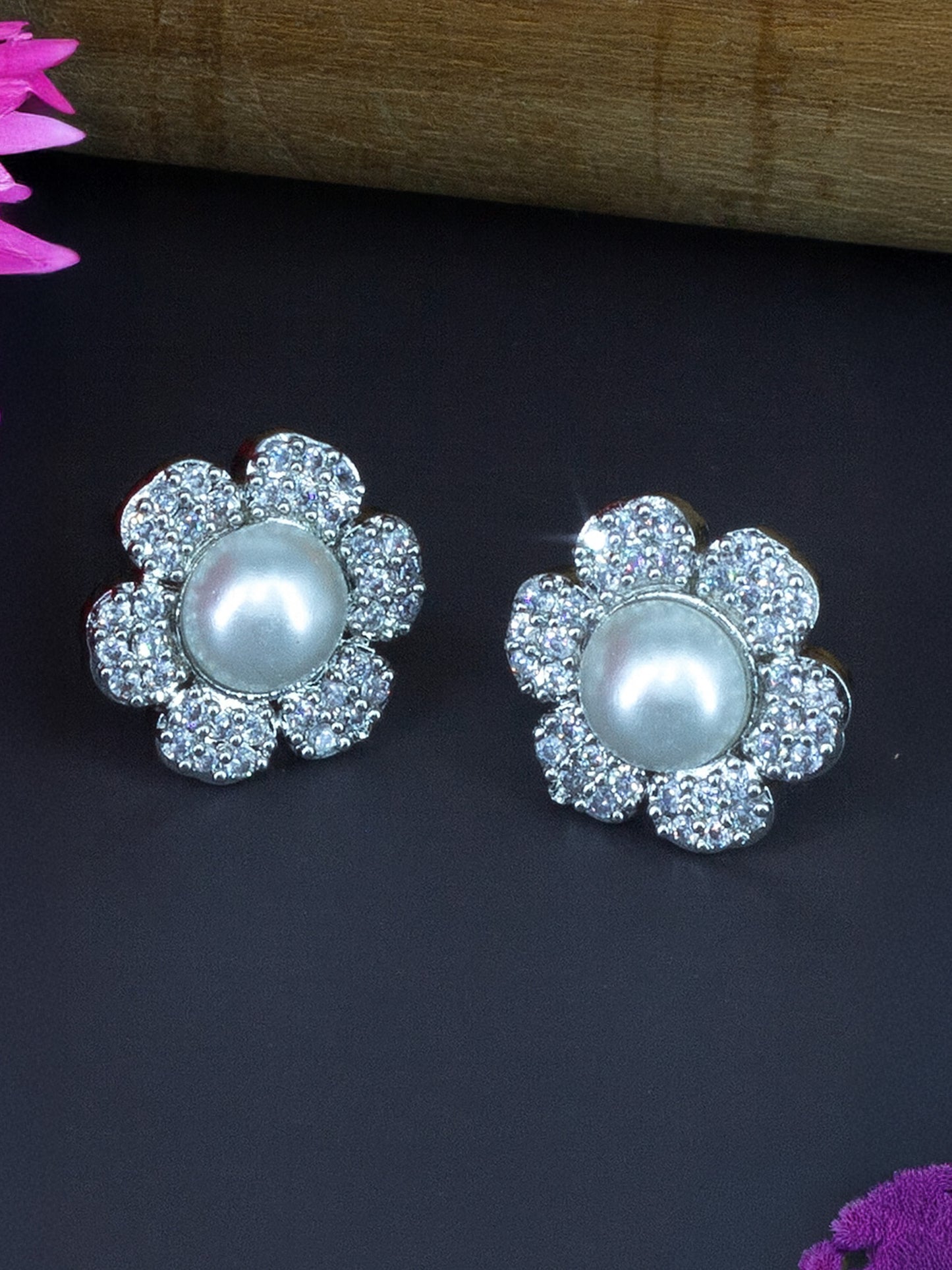 Silver Plated American Diamond Pearl Studded Stud Earrings for Women