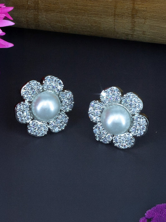 Silver Plated American Diamond Pearl Studded Stud Earrings for Women