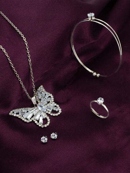 Butterfly CZ Pendant Set With Bracelet & Adjustable Finger Ring