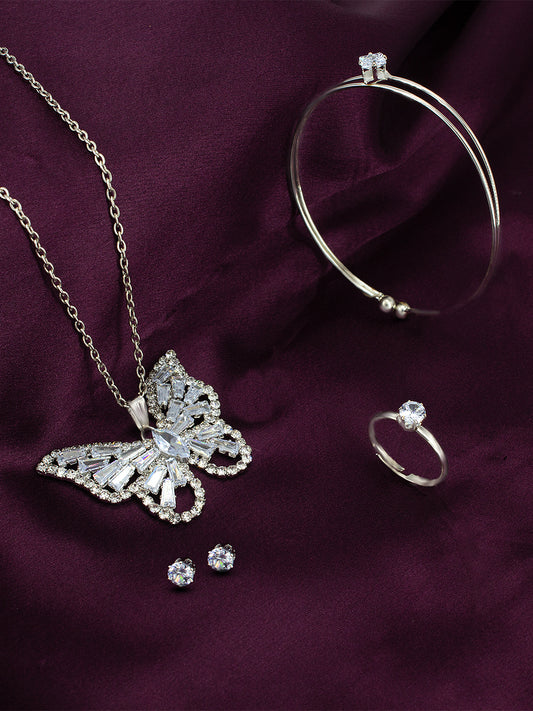 Butterfly CZ Pendant Set With Bracelet & Adjustable Finger Ring