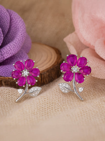 Silver Plated Ruby AD Floral Stud Earrings for Women
