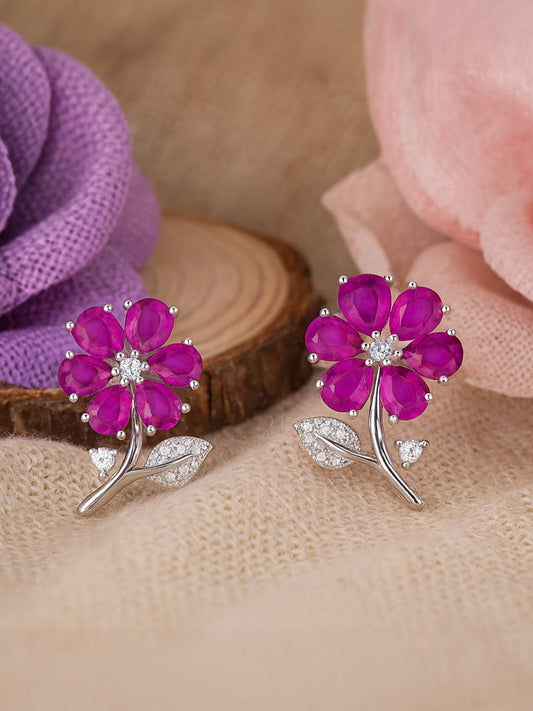Silver Plated Ruby AD Floral Stud Earrings for Women