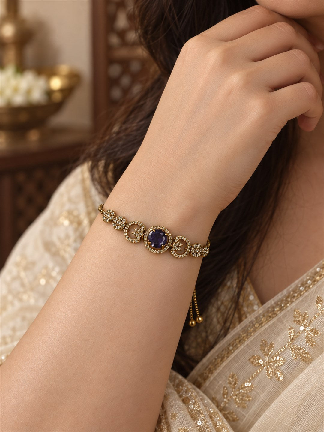 South Indian Gold Plated Purple AD Adjustable Bracelet for Women