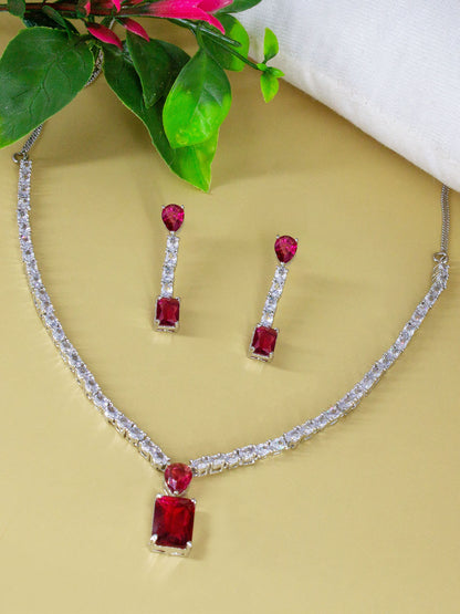 Silver Plated Red AD Minimal Jewellery Set