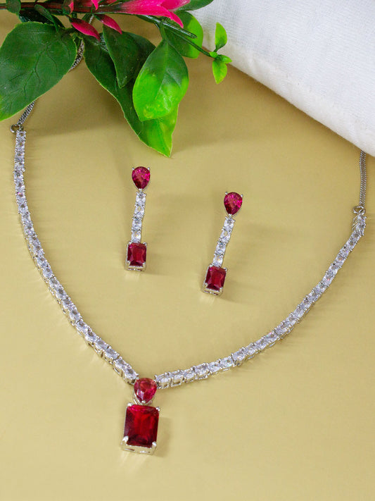 Silver Plated Red AD Minimal Jewellery Set