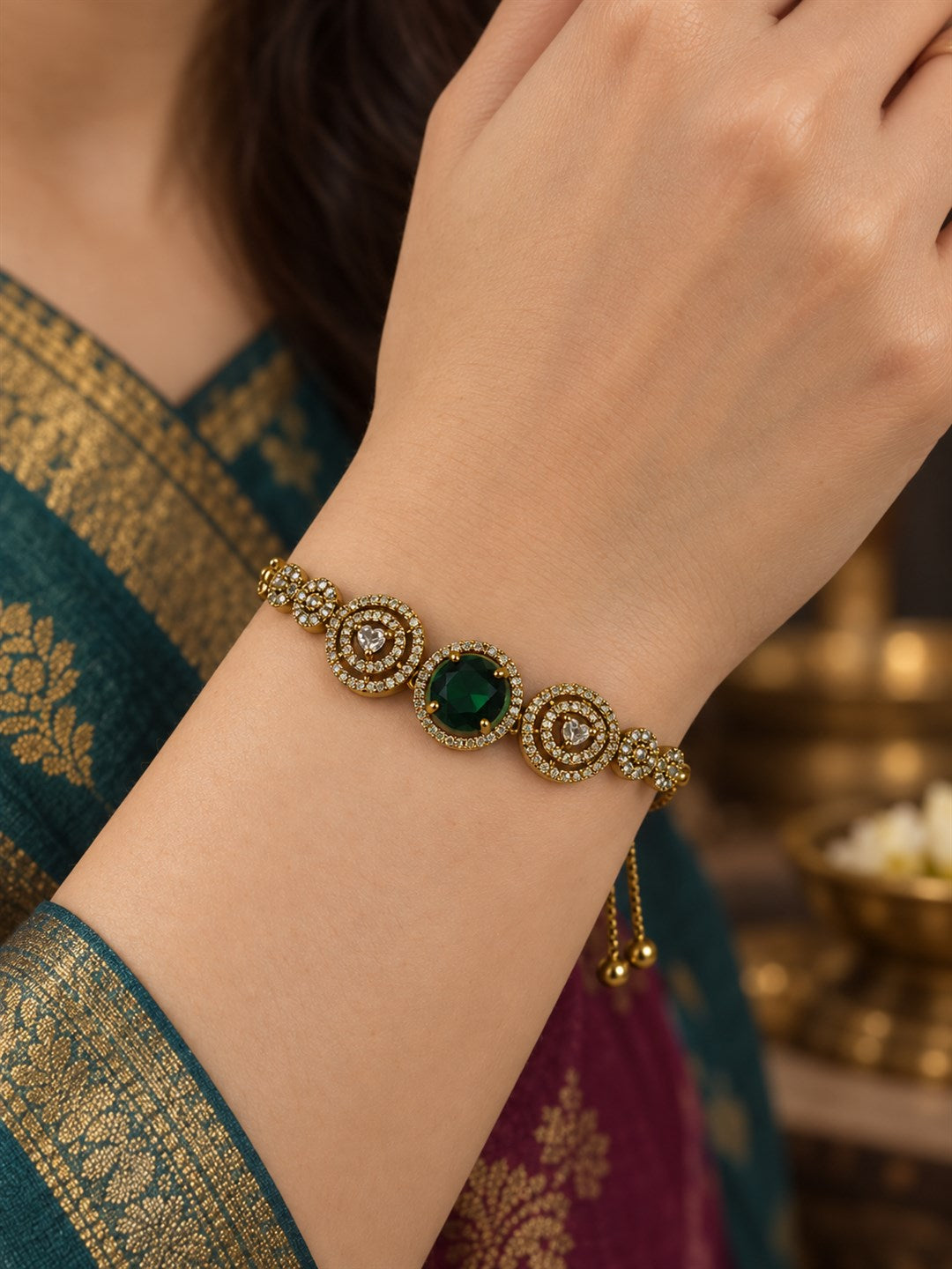 South Indian Gold Plated Green AD Adjustable Bracelet for Women