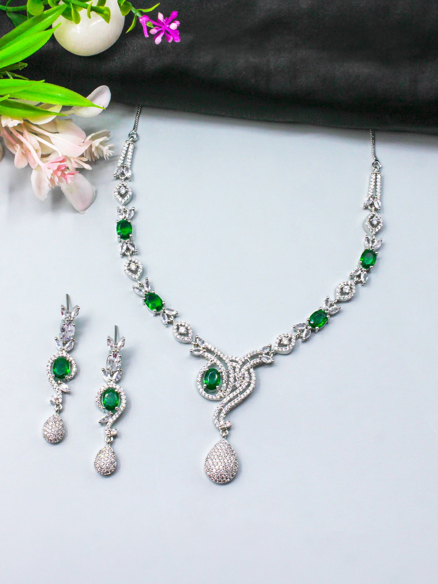 Silver Plated Green Designer AD Jewellery Set