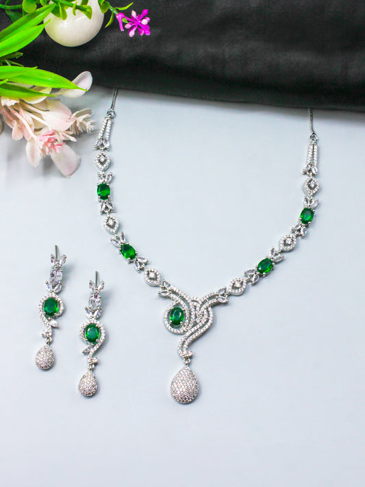 Silver Plated Green Designer AD Jewellery Set
