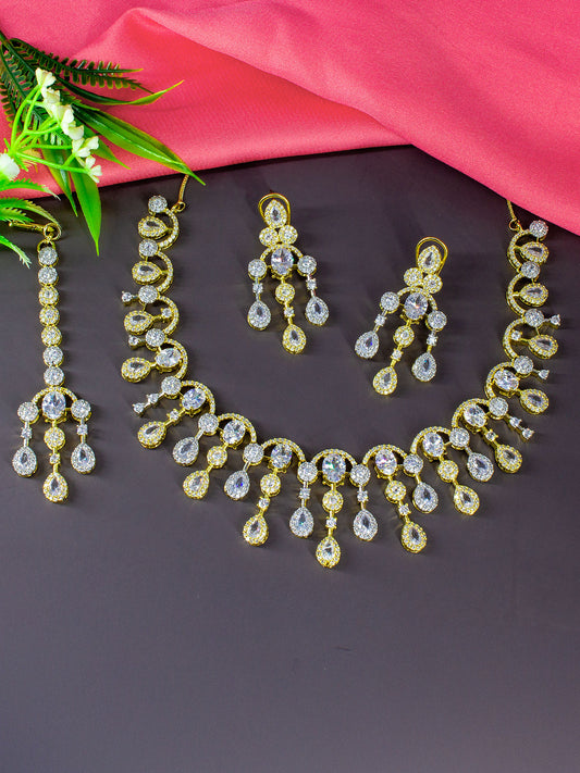 Gold Plated AD Semi Bridal Jewellery Set With Maang Tika For Women