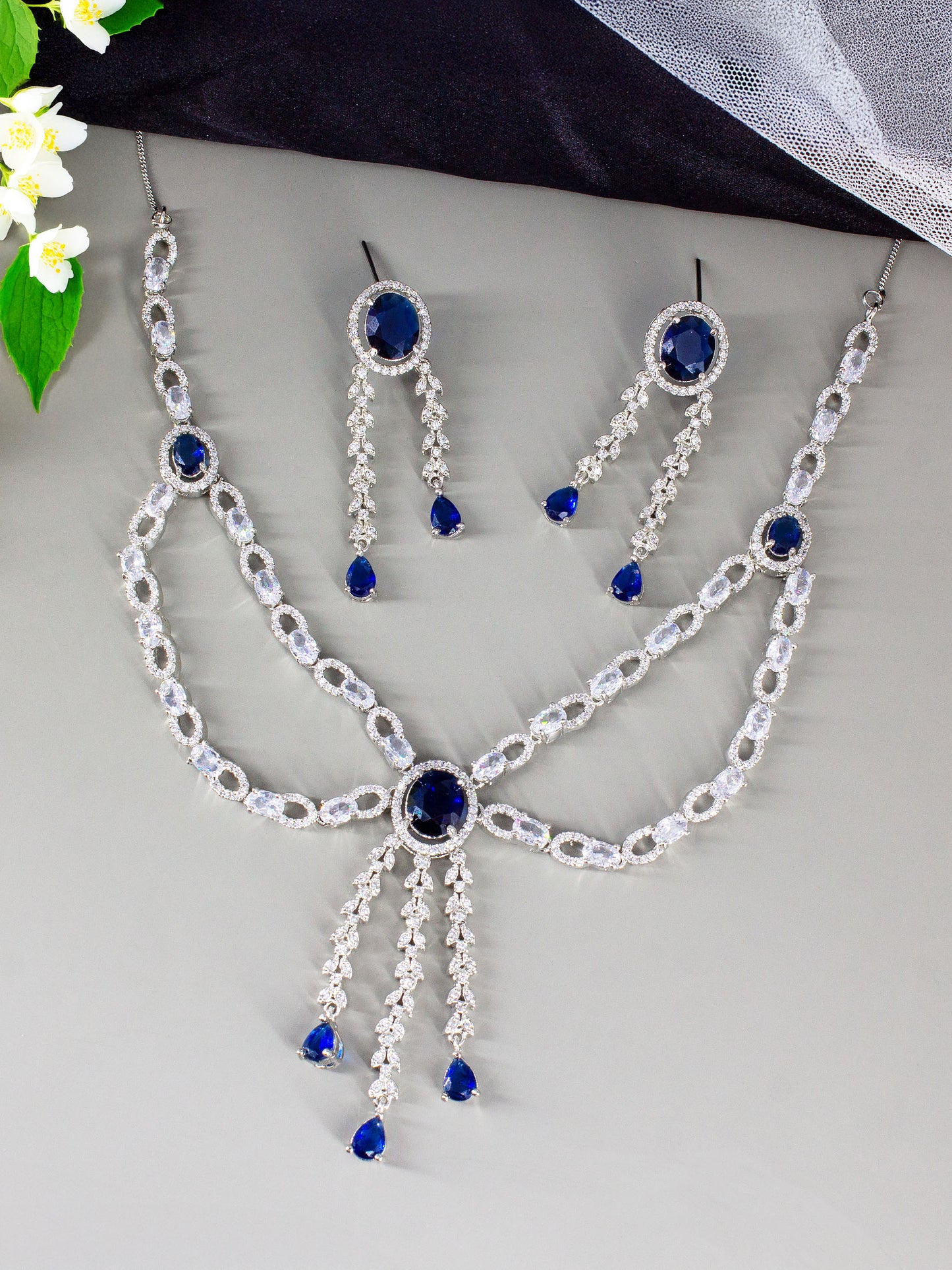 Silver Plated Blue AD Statement Jewellery Set