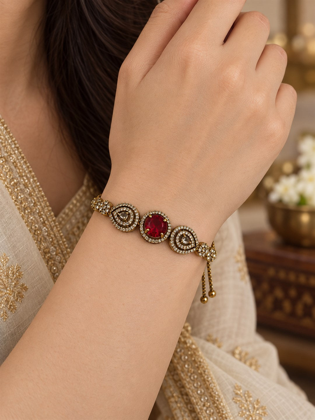 South Indian Gold Plated Red AD Adjustable Bracelet for Women