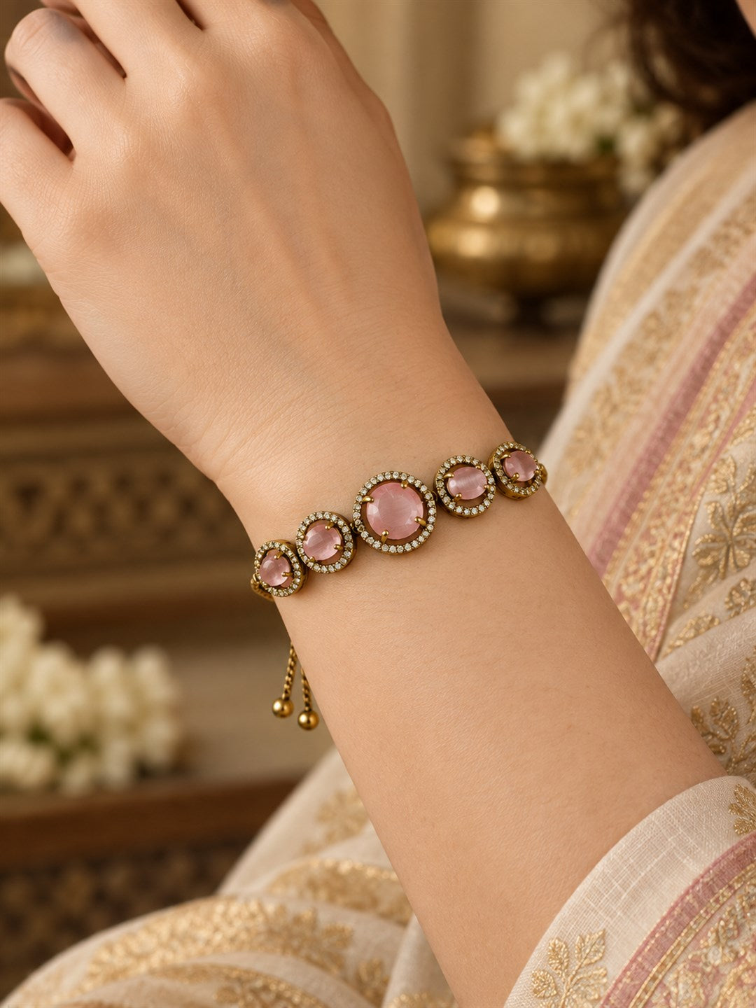 South Indian Gold Plated Pink AD Adjustable Bracelet for Women