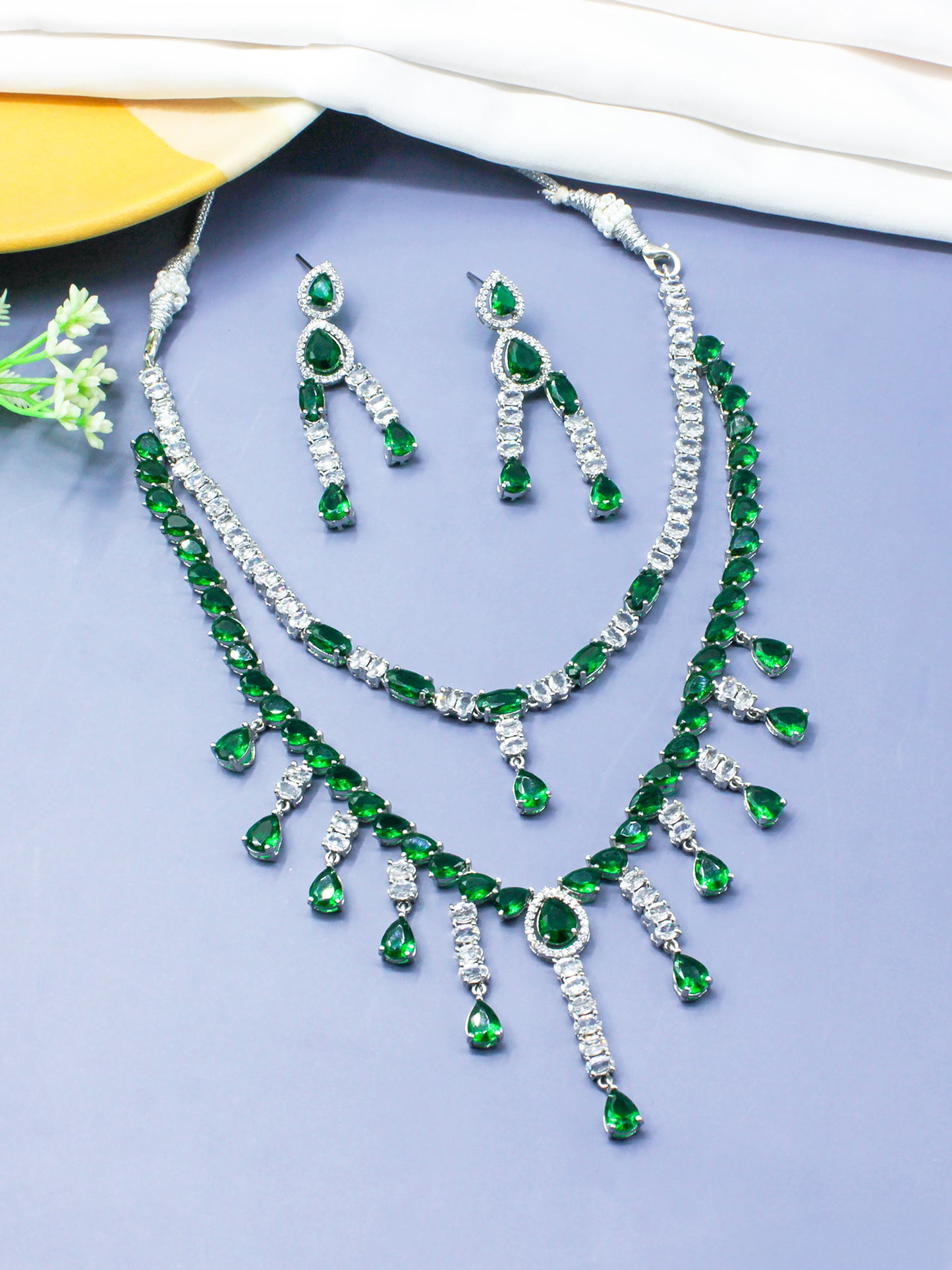 Silver Plated Green AD Designer 2 Layer Cocktail Jewellery Set