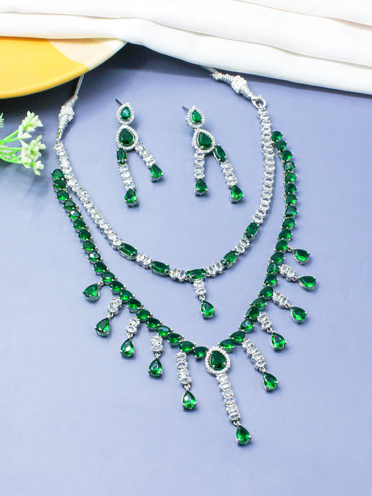 Silver Plated Green AD Designer 2 Layer Cocktail Jewellery Set