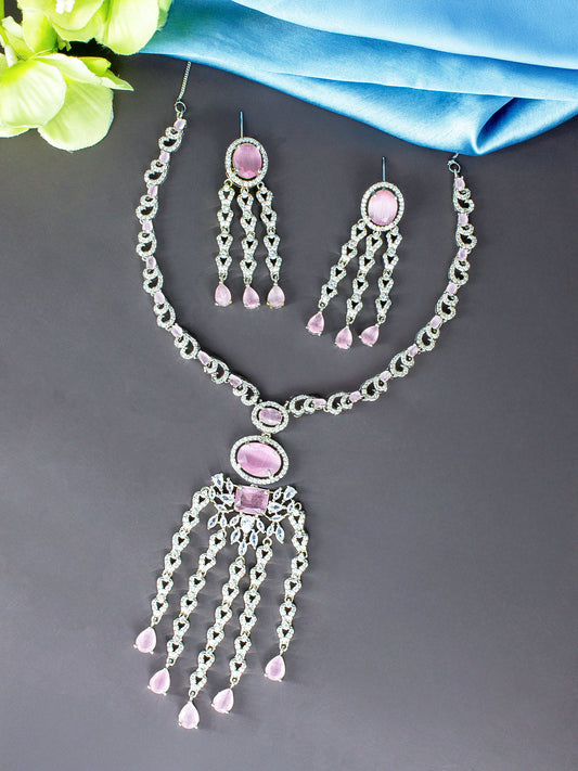 Rhodium Plated Pink Designer AD Jewellery Set