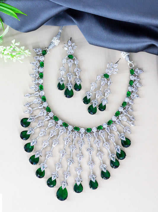 Silver Plated Green American Diamond Semi-Bridal Jewellery Set