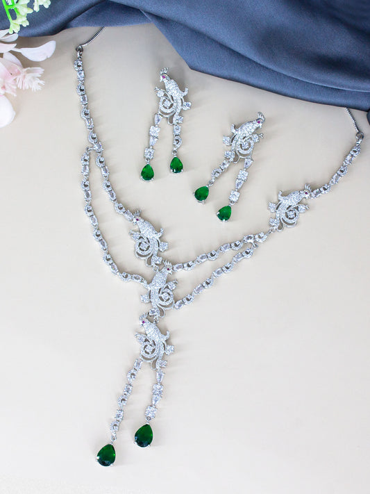 Silver Plated Green AD Peacock Statement Jewellery Set