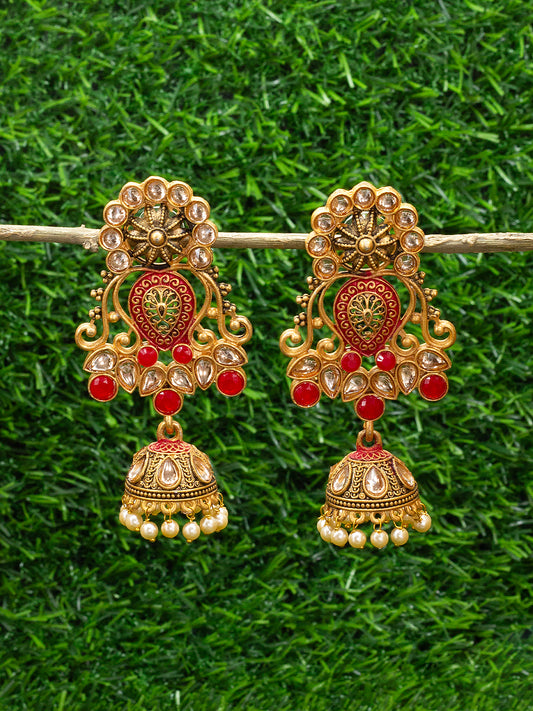 Gold Plated Red Floral Jhumka Earrings