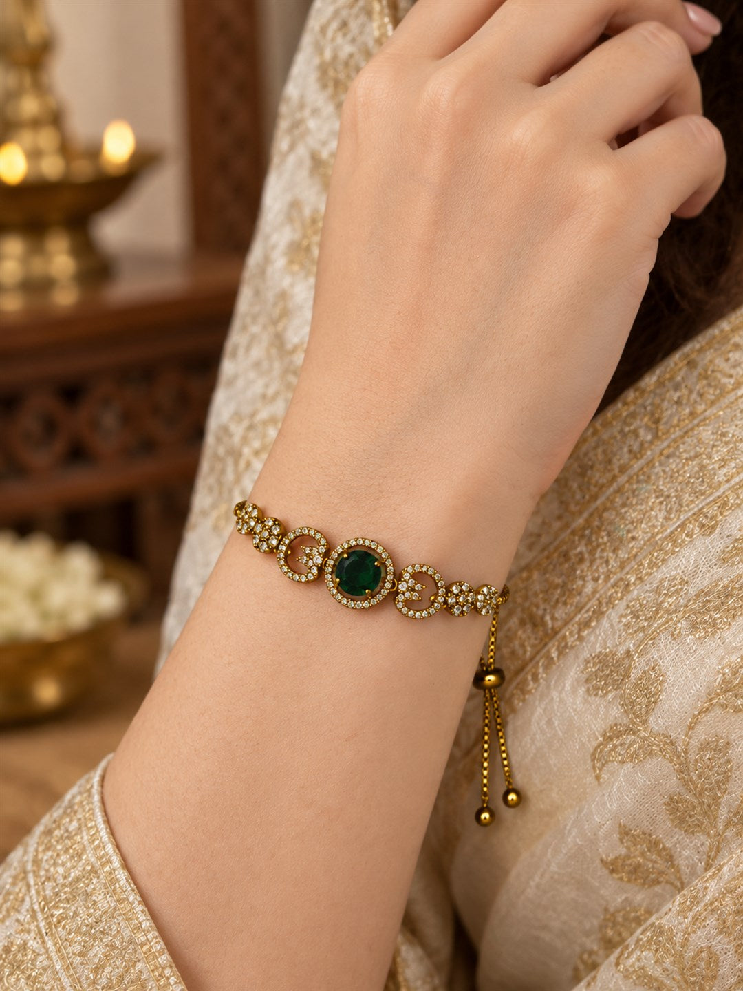 South Indian Gold Plated Green AD Adjustable Bracelet for Women