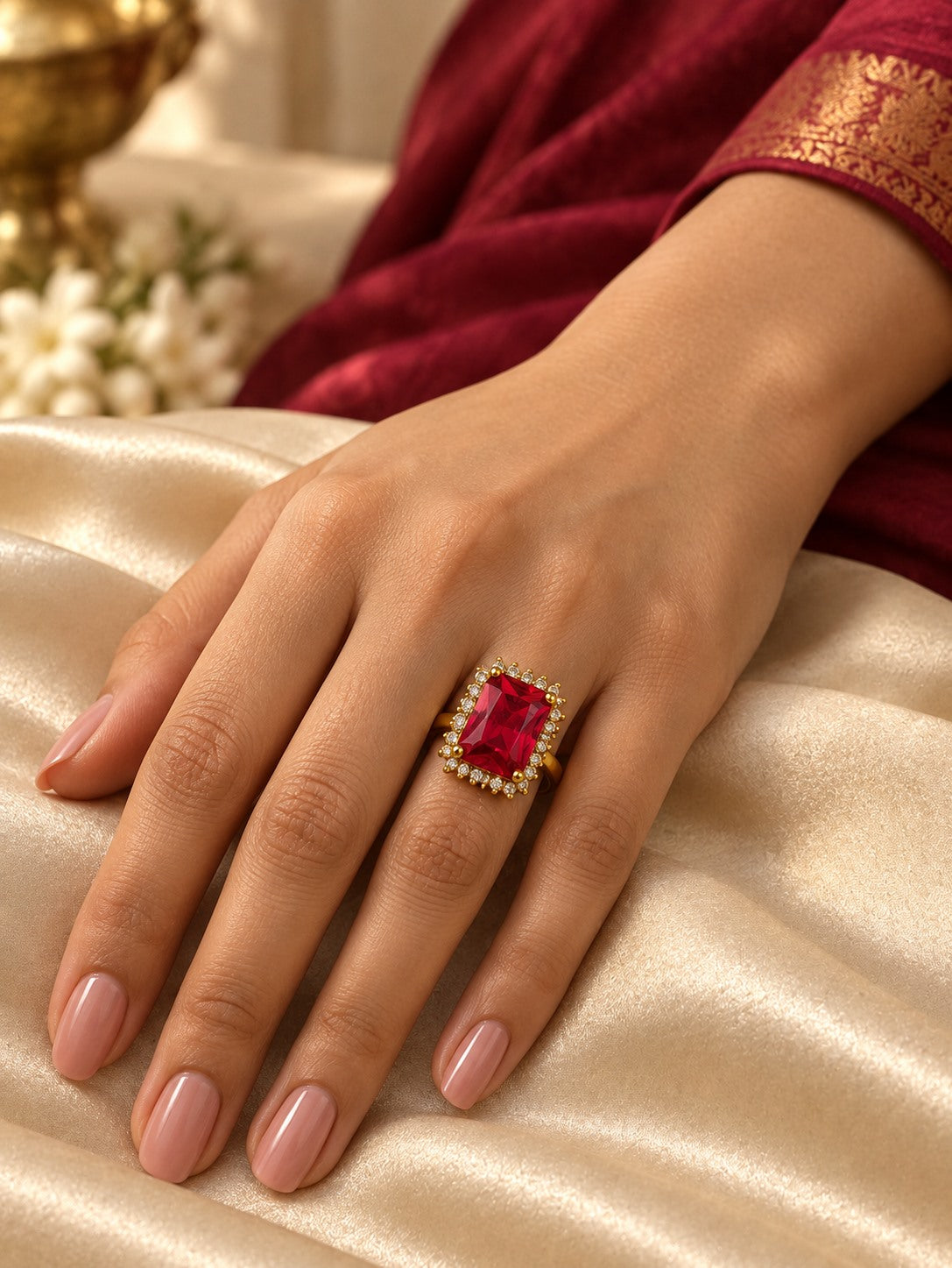 South Indian Gold Plated Red AD Finger Ring for Women