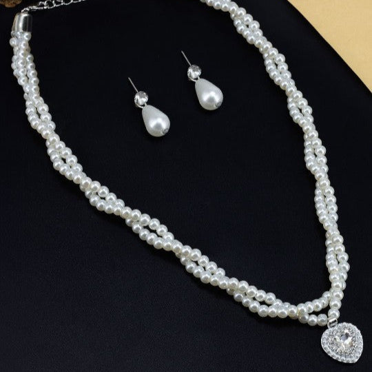 Heart Layered Pearl Moti Mala Trendy Necklace & Earrings