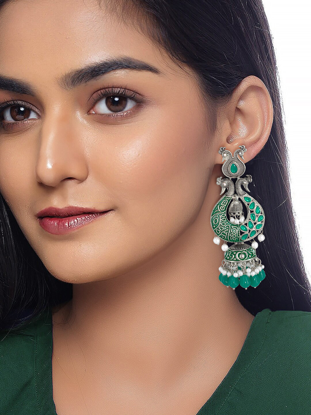 Green Peacock Jhumka Earrings
