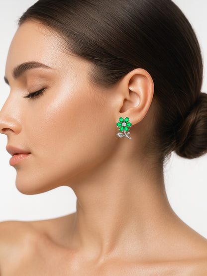 Silver Plated Green AD Floral Stud Earrings for Women