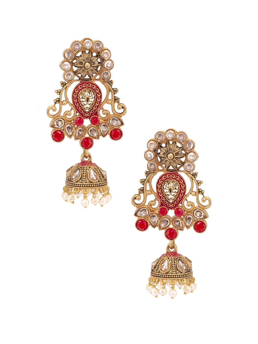 Gold Plated Red Floral Jhumka Earrings