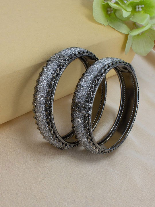 Gun Metal Crystal Beaded Bangle Set