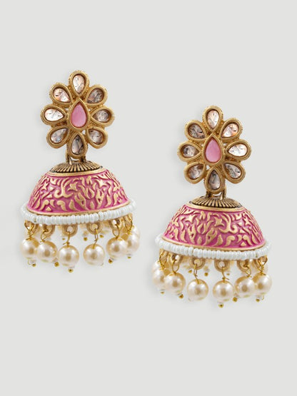 Gold-Plated Red Classic Jhumkas Earrings
