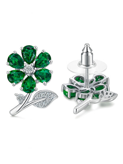 Silver Plated Green AD Floral Stud Earrings for Women