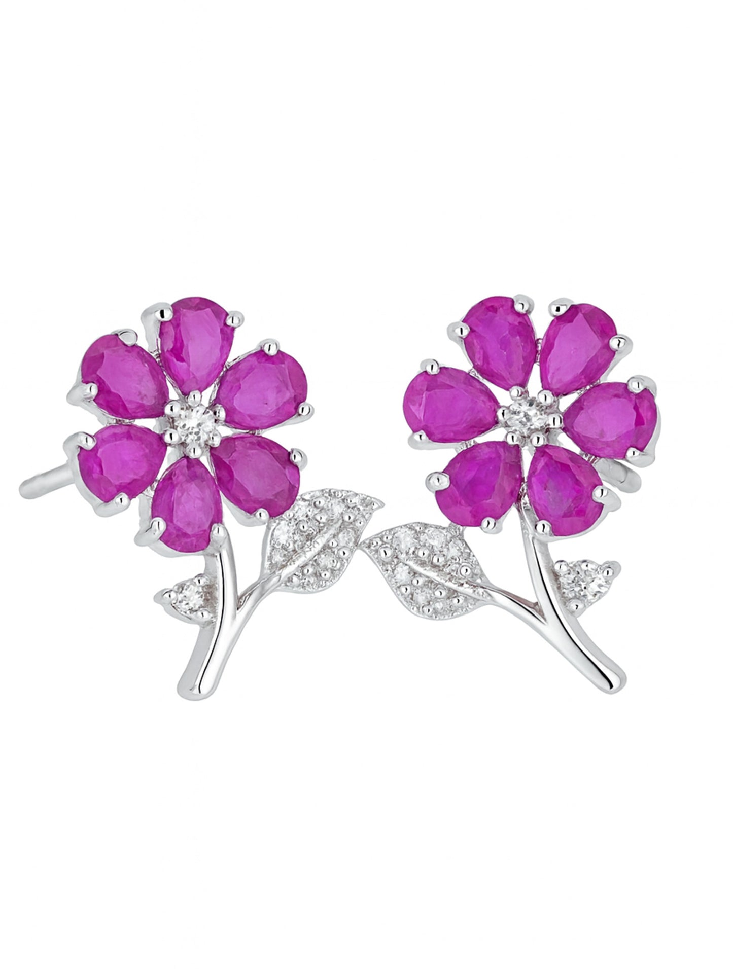 Silver Plated Ruby AD Floral Stud Earrings for Women