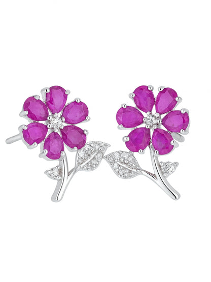 Silver Plated Ruby AD Floral Stud Earrings for Women