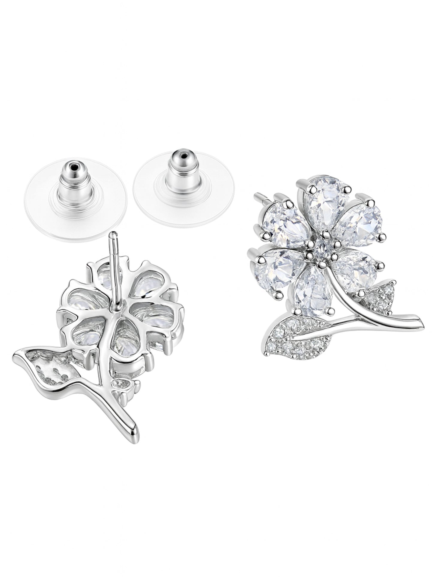 Silver Plated AD Floral Stud Earrings for Women