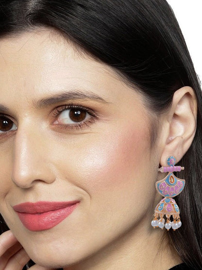 Pink Crescent Shaped Beaded Jhumka Earrings