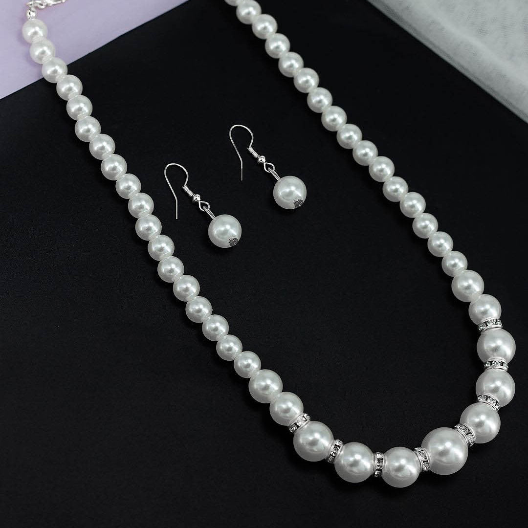 Silver Plated Pearl Beaded Moti Mala Necklace & Earrings