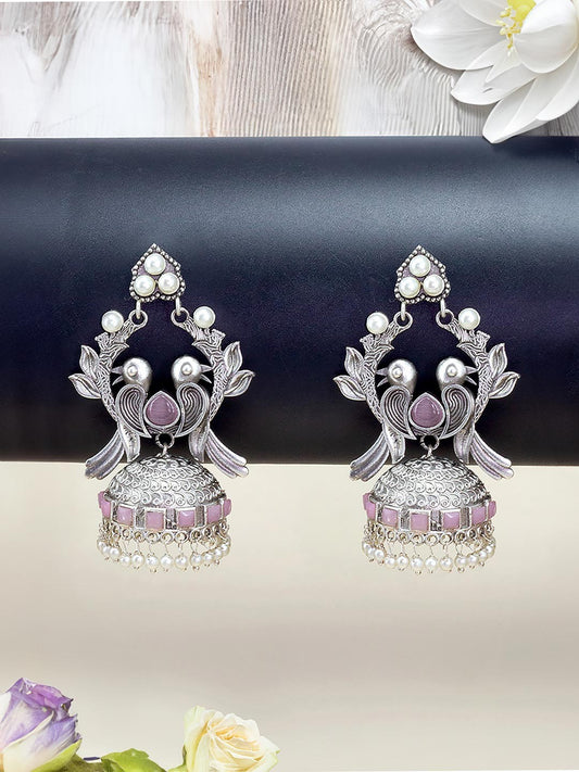 Silver Plated Artificial Beads & Stones Studded Bird Shaped Jhumka Earrings