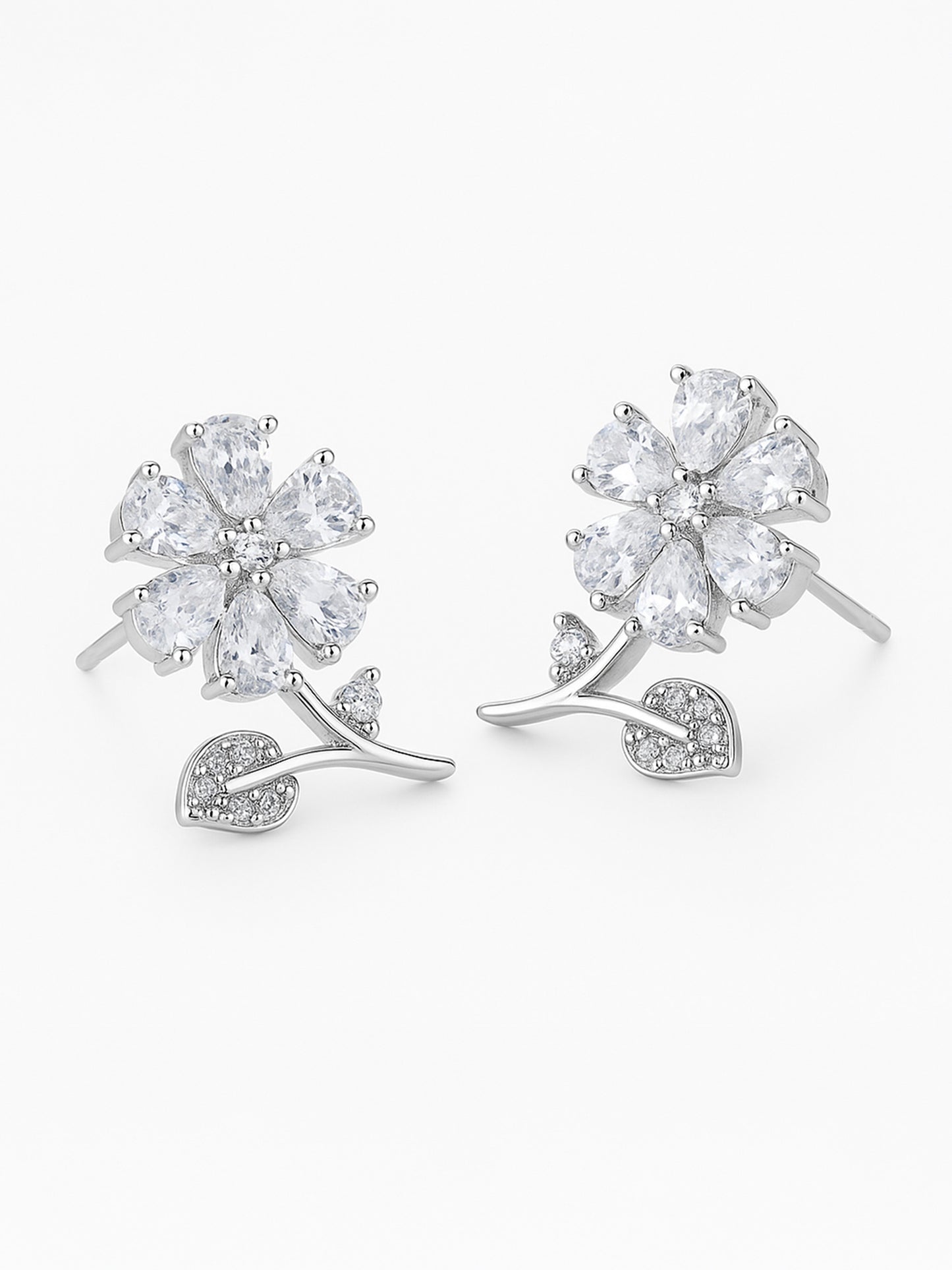 Silver Plated AD Floral Stud Earrings for Women