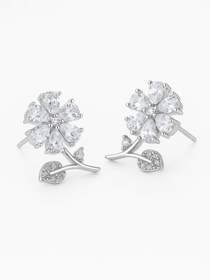 Silver Plated AD Floral Stud Earrings for Women