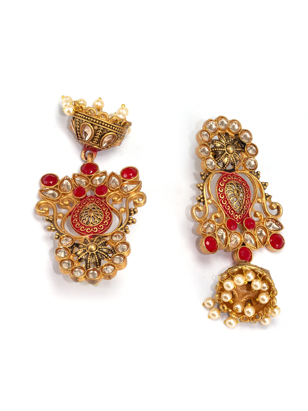 Gold Plated Red Floral Jhumka Earrings