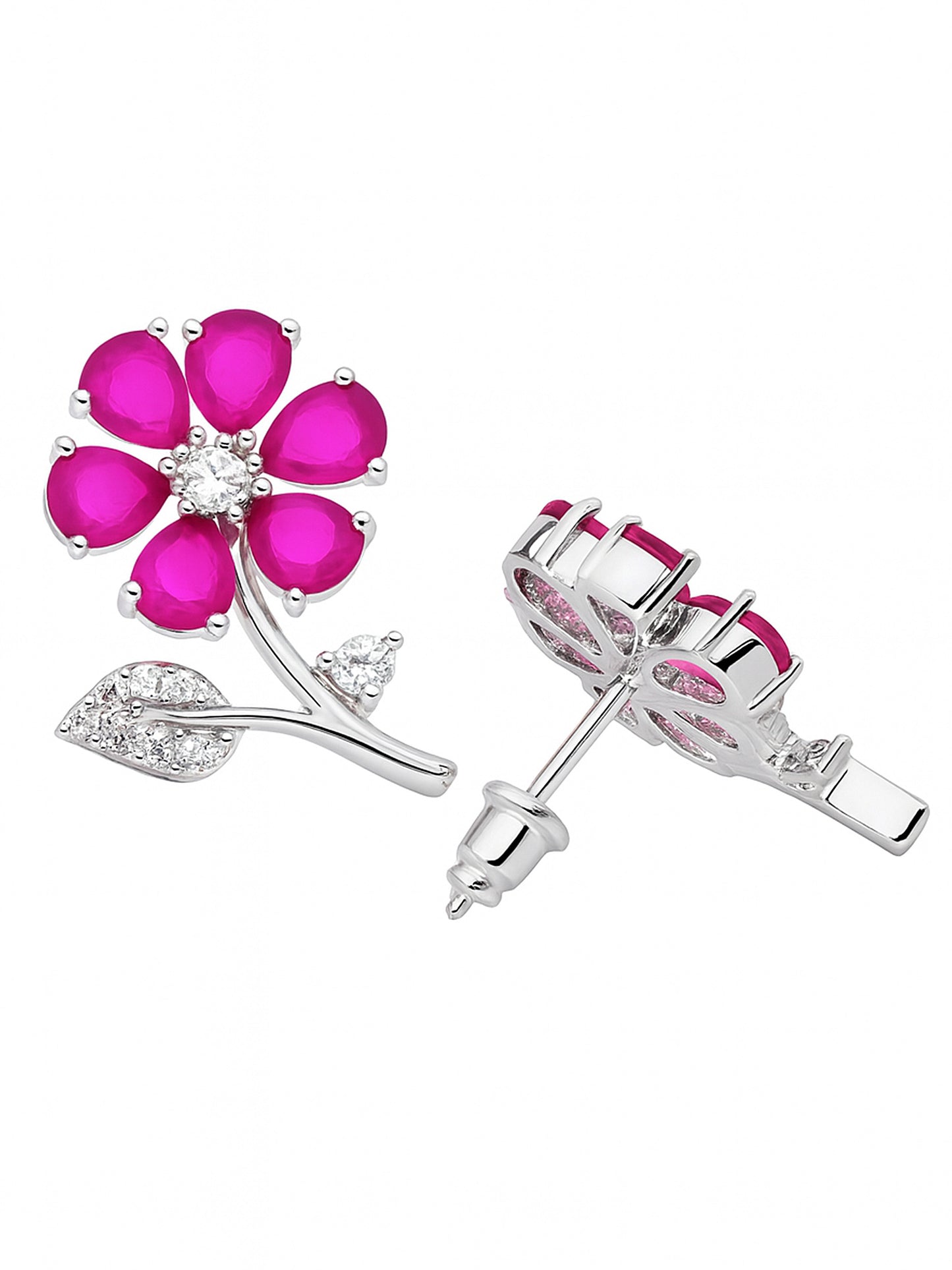 Silver Plated Ruby AD Floral Stud Earrings for Women